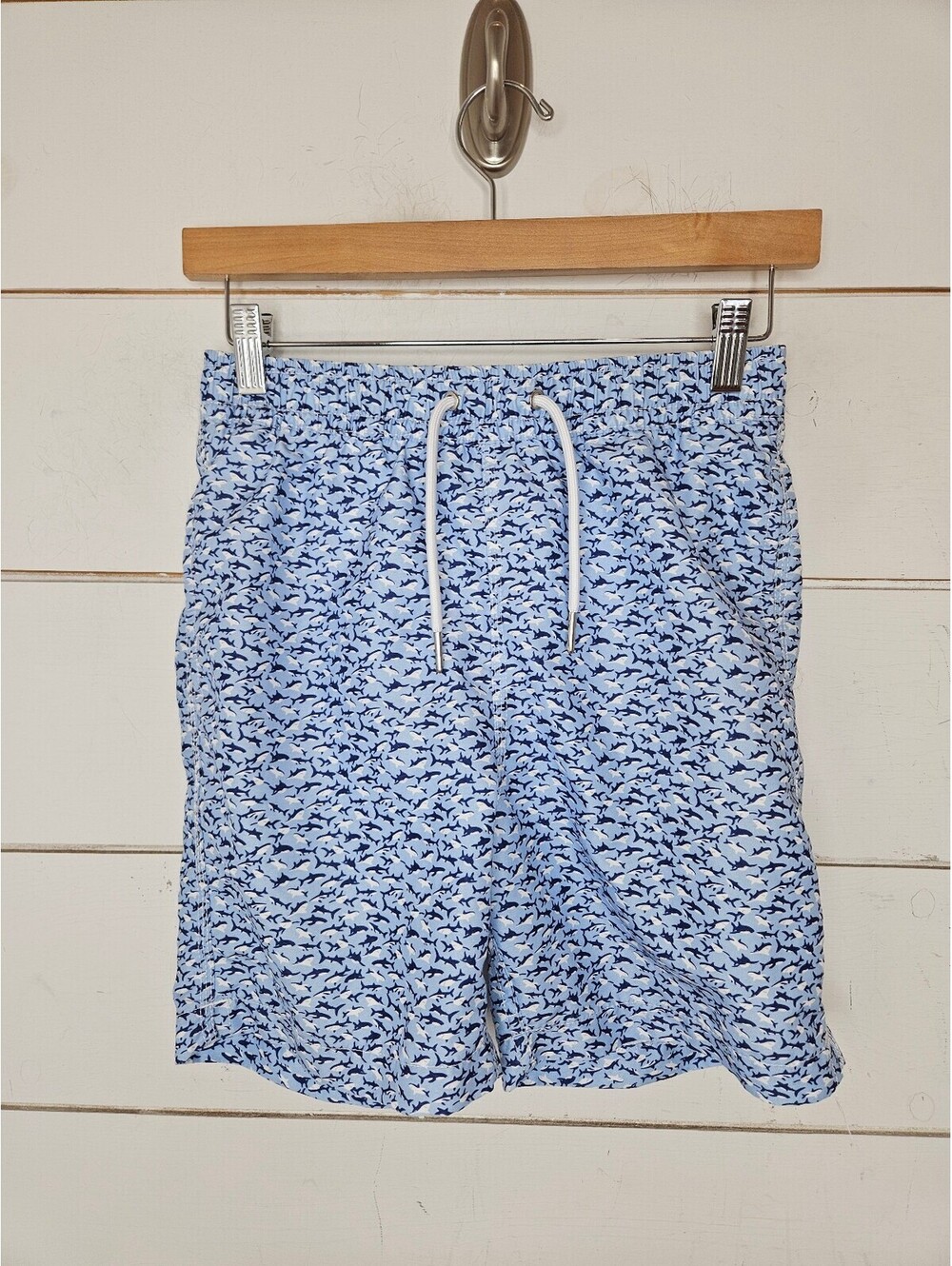 Blue Wave size 12 blue on blue with white shark drawstring swim trunks